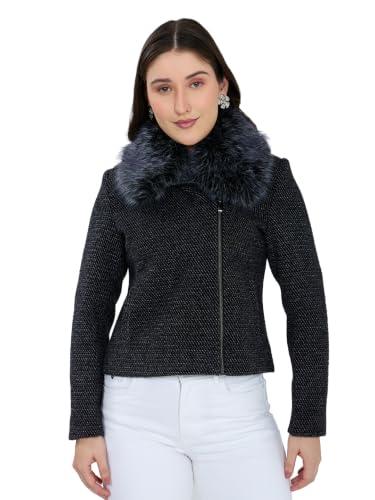 Monte Carlo Womens Regular Fit Full Sleeve Self Designed Collar Neck Winter Coat Black 3XL (Pack Of 1)