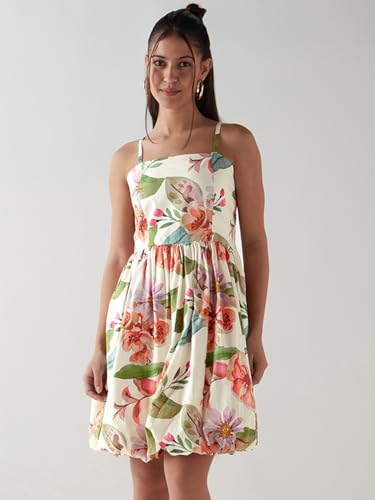 Bewakoof Women's All Over Print Regular Fit Sleeveless Square Neck Cotton-Poplin Dress_645122_White_2XL