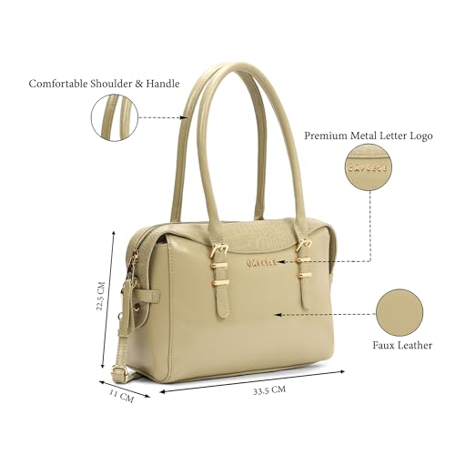 Caprese Macie Small Satchel Bag for Women | Solid Faux Leather Handbag with Adjustable & Detachable Strap | Stylish Shoulder Bag with Zipper Closure | Everyday Office, Travel & Casual (Alpine Oat)