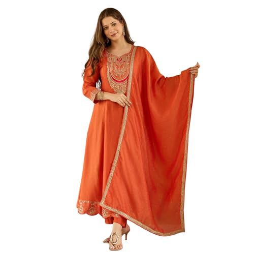 AVYUKTHA | Women Ethnic Motifs Embroidered Kurta with Trors & Dupatta | Traditional Thread Work Kurta Set for Festive & Daily Orange color, Size- XL