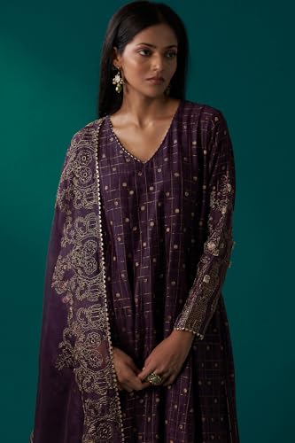 Wishful Women's Purple Embellished Dotted Jacquard Flared Kurta with Pants and Dupatta Set (SP12859-314546-M)