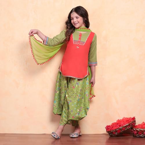Biba Girls Org-Grn Straight Cotton Solid Kurta suit set