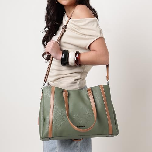 Metro Carry Laptop Tote | Faux-Leather Women's Handbag | Olive with Tan Details | 14" Laptop Compatible | Dual Carry Options | Pebbled Texture