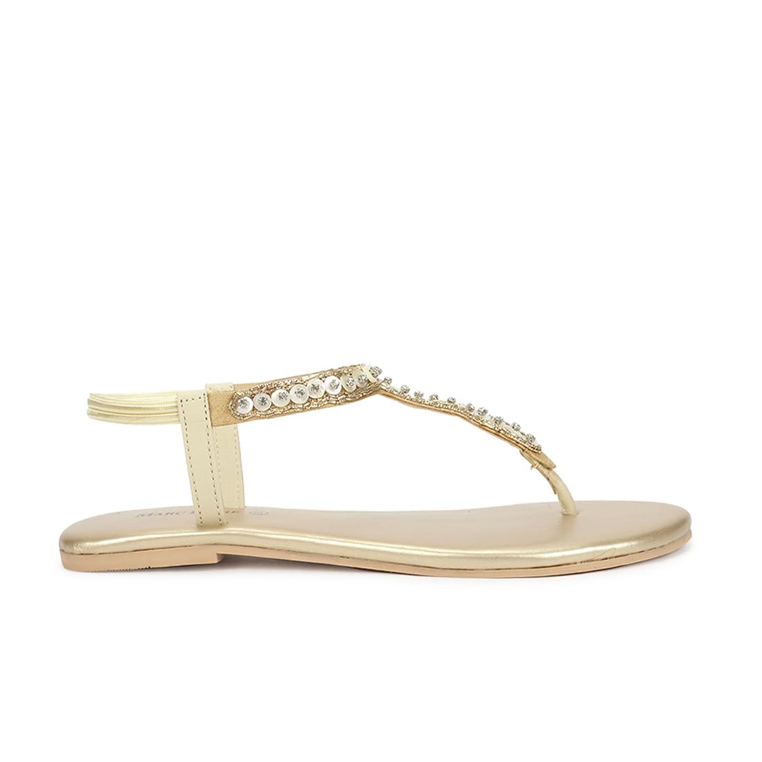 Marc Loire Embellished T-Strap Flat Fashion Sandals for Women (Gold, UK Footwear Size System, Adult, Women, Numeric, Medium, 3)