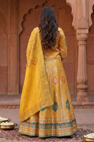 Aurelia Women's Mustard Ethnic Motifs Zari Jacquard Straight Top with Skirt and Dupatta Set - (AD10748-706117-M)