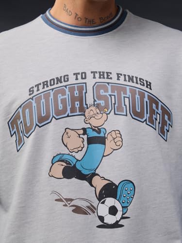 The Souled Store Popeye: Strong to The Finish Men and Boys Long Sleeve Round Neck Grey and Blue Graphic Casual Lightweight Drop Shoulder Streetwear Trendy Oversized Full Sleeve T-Shirt