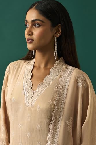 Wishful Women's Beige Embroidered Anarkali Kurta with Straight Pant and Dupatta Set - (SP12866-401193-M)