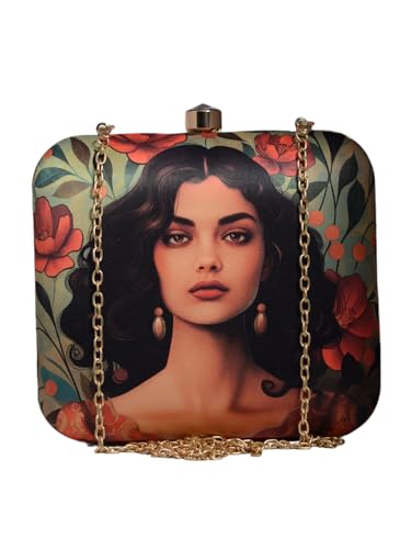 Artklim Green Based Portrait of Indian Women Printed Clutch Bag for Women with Detachable Strap
