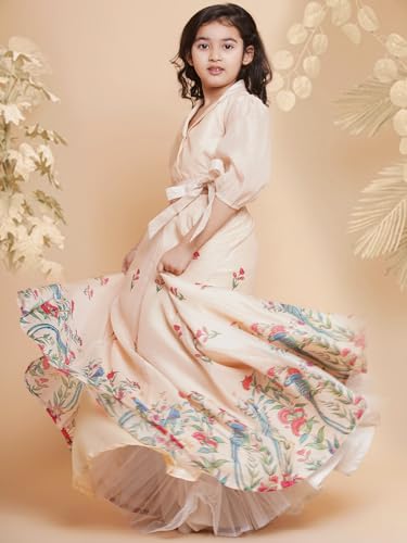 Bitiya by Bhama Girls Beige Peacock Printed Ready to wear Lehenga with Choli
