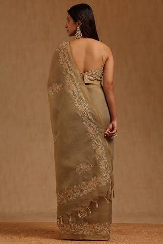 Soch Womens Light Olive Linen Floral Printed Zari Embroidered Saree