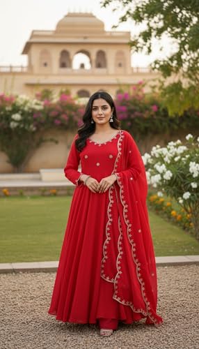 Leeli Peeri Designer Women's Vichitra Silk Embroidery Work Anarkali Kurta with Trouser and Dupatta