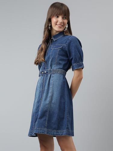 Latin Quarters Women Blue Half Sleeves Casual Solid Dress_L