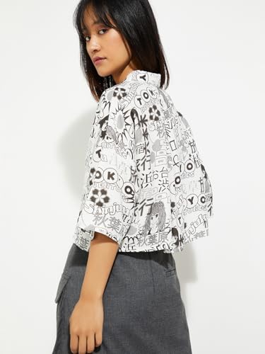 Max URB_N Women Printed Boxy Cropped Shirt (Ivory_S)