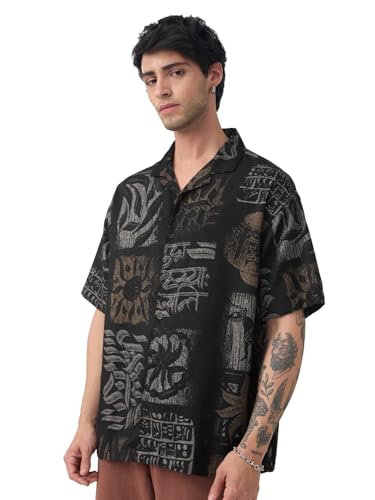 The Souled Store: Echoes of Harappa Men and Boys Short Sleeve Spread Collar Button Front Black Abstract Printed Polyester Viscose Blend Oversized Shirt