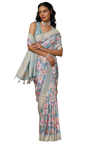 Soch Womens Powder Blue Chanderi Floral Print Saree