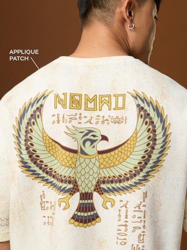 The Souled Store Nomad: Phoenix Men and Boys Short Sleeves Round Neck Off-White Embroidered Casual Lightweight Drop Shoulder Streetwear Trendy Super Oversized T-Shirt