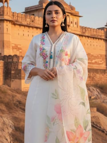 INDO ERA Women's Cotton Blend Embroidered Thread Work A-Line Kurta & Pant with Dupatta Set (X-Large) | Pure Cotton Kurta Set For Women With Dupatta