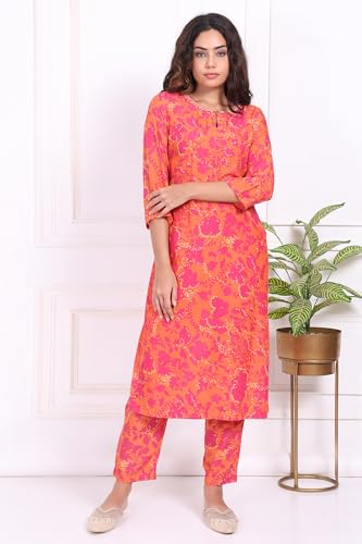 W for Woman Orange Floral Printed Sequined Straight Modal Kurta and Straight Pant Set - (WS13690B-126963-XS)