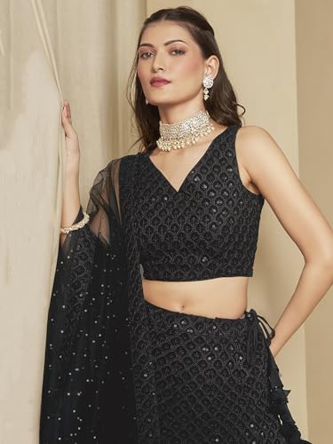 Zeel Clothing Women's Sequins Thread Embroidered Georgette Lehenga Choli With Dupatta (5124-Women-Lehenga-Choli-New; Free size) (Yellow) (Black)