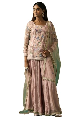 Wishful Women's Pink Floral Embroidered Straight Kurta with Sharara and Dupatta Set - (SP11501-401092-M)