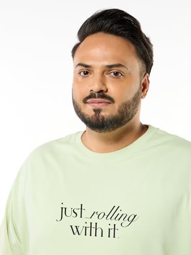 Bewakoof Men's Graphic Print Oversized Fit Half Sleeve Round Neck Cotton Plus Size T-Shirt_694214_Green_6XL