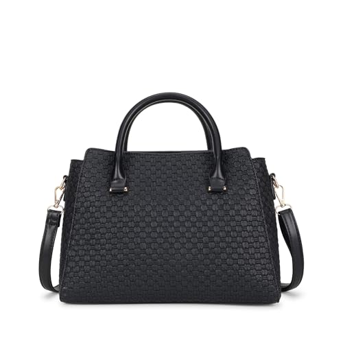 Fastrack Noir Gridelle Satchel Handbag for Women | Premium Faux Leather Weave Design | Black Structured Satchel with Zipper Closure | Dual Compartment with Organizer Pockets