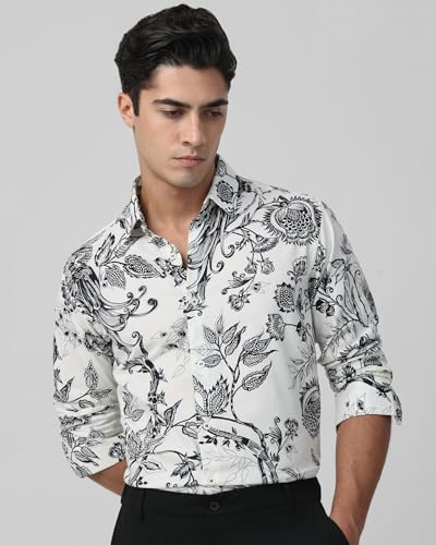 MUFTI Men Shirt | Slim Fit Full Sleeve Spread Collar Artistic Floral & Bird Print | Breathable Cotton Viscose Blend for Party Bright Snow White 6XL