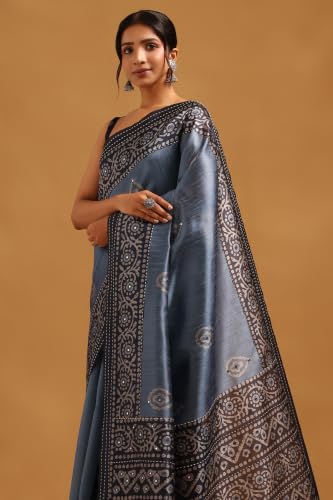 Soch Womens Blue Tussar Kantha Embroidered Saree With Mirror Work