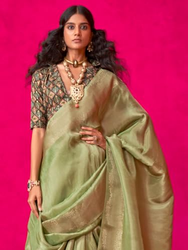 AKHILAM Women's Light Green Tissue Ethnic Motif Woven Design Saree With Unstitched Blouse (KLAILA400006_RJ)