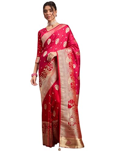 AKHILAM Women's Pink Satin Silk Ethnic Motif Printed Saree With Unstitched Blouse Piece (RNGREET101_HS)
