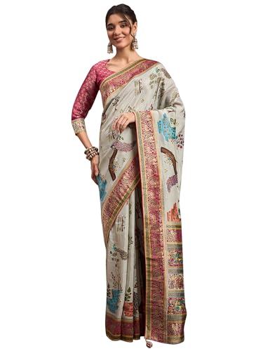 AKHILAM Women's Grey Viscose Silk Botanical Printed Saree With Unstitched Blouse Piece (MSTANI162B_HS)