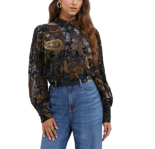 GUESS Women Black Printed Spread Collar Full Sleeves Paisley Velvet Top