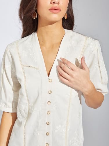 Latin Quarters Women Ivory Embroidered Linen Blend Top | V-Neck | Half Sleeves | Button-Down Casual Summer Shirt