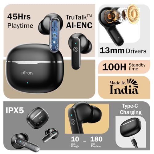pTron Bassbuds Eon in-Ear TWS Earbuds w/ 13mm Drivers, 45Hrs Playtime, Dual HD Mic & TruTalk AI-ENC Calls, Custom EQ,Mobile App, Bluetooth v6.0 Headphones,Voice Assist., Type C Charging & IPX5 (Black)