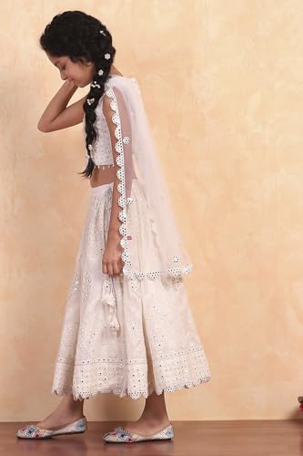 Biba Girls White Viscose Embroidered Kalidar Lehenga Set_6-7Y