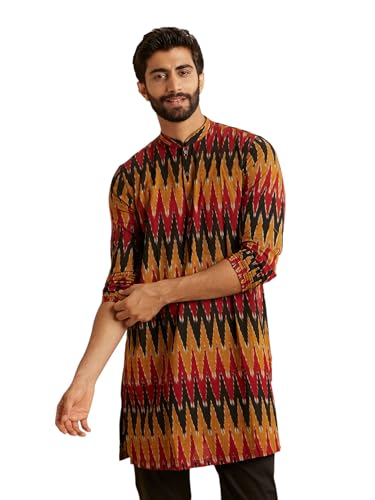 Manyavar Men's Cotton Blend Ikat Prints Full Sleeves Casual Mid-Length Kurta (Mustard,XL)