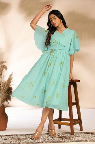 Janasya Women's Sea Green Dobby Georgette Tie-Dye Fit & Flare Dress(JNE4389-DR-XS)