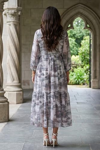 W for Woman Grey Floral Printed Silver Chiffon Flared Dress - (W14083-127343-3XL)