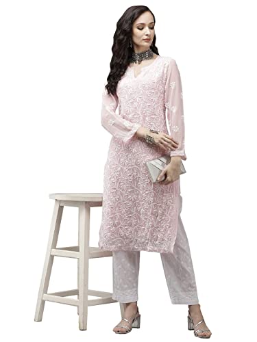 Ada Lucknowi Chikankari Hand Embroidered Ethnic Wear Women's Pink Georgette Kurta Palazzo Set with Slip A811217 (M)