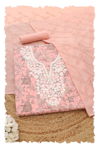 Soch Womens Peach Cotton Digital Printed Botanical Chikankari Embroidered Dress Material