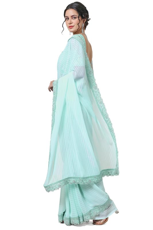 Soch Womens Powder Blue Georgette Striped Saree