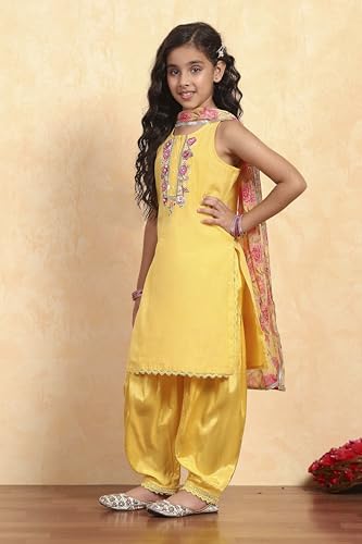 BIBA Girl's Yellow Polyester Straight Solid Suit Set