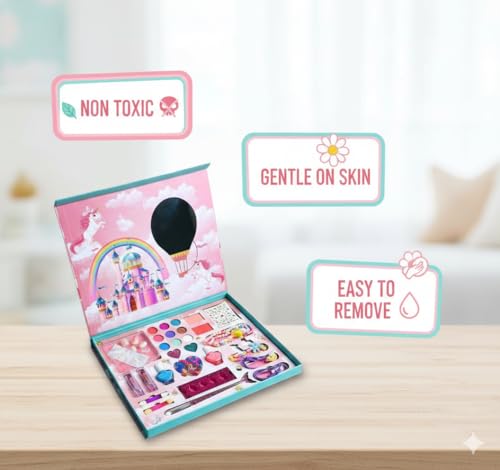 Big Size Kids Washable Makeup Kit Fold-Out Makeup Palette with Mirror Non-Toxic & Safety Tested Pretend Cosmetic Toy Set for Girls Washable Play Makeup Gift for Kids