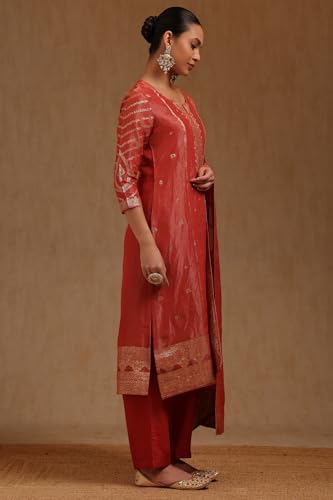 Soch Womens Rust Tissue Woven Designs Suit Set With Cutdana