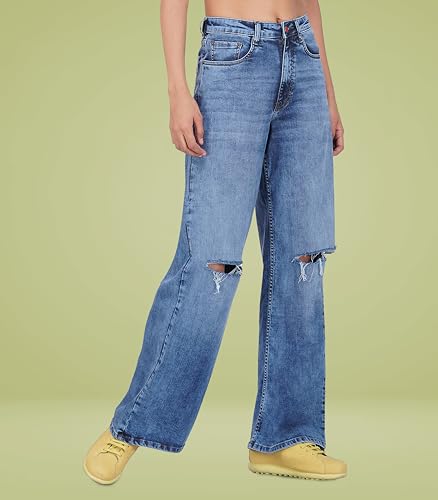 i'sol Women's Stretchable High Rise Flare Fit Bell Bottom Jeans, Blue, 30