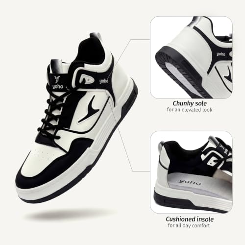 YOHO Men's Sneakers Flo Mid Top | Stylish & Comfortable | Lace Up Casual Shoes for Man/Gents | White - UK 8