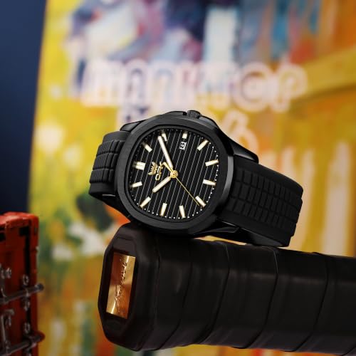 OPK Men's Quartz Watch Gold Plated Case Black Rubber Strap Black Dial Date Display Luminous Waterproof Business Casual Wristwatch