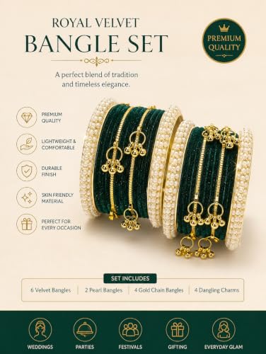 MM JEWELS Kashmiri Velvet Bangles with Gunghro Set And Bangle for Women| Traditional, Fancy Glass Chudi Set for Festival, Wedding, and Party (Set Of 32) (Dark Green, 2.2)