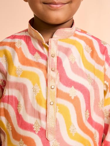 Manyavar Boys Viscose Blend Leheriya Printed Kurta Pyjama Set (Warm White,8-10Y)