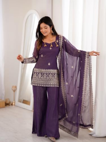 Women's Purple Crunchy Silk Embroidered Kurta With Sharara and Dupatta